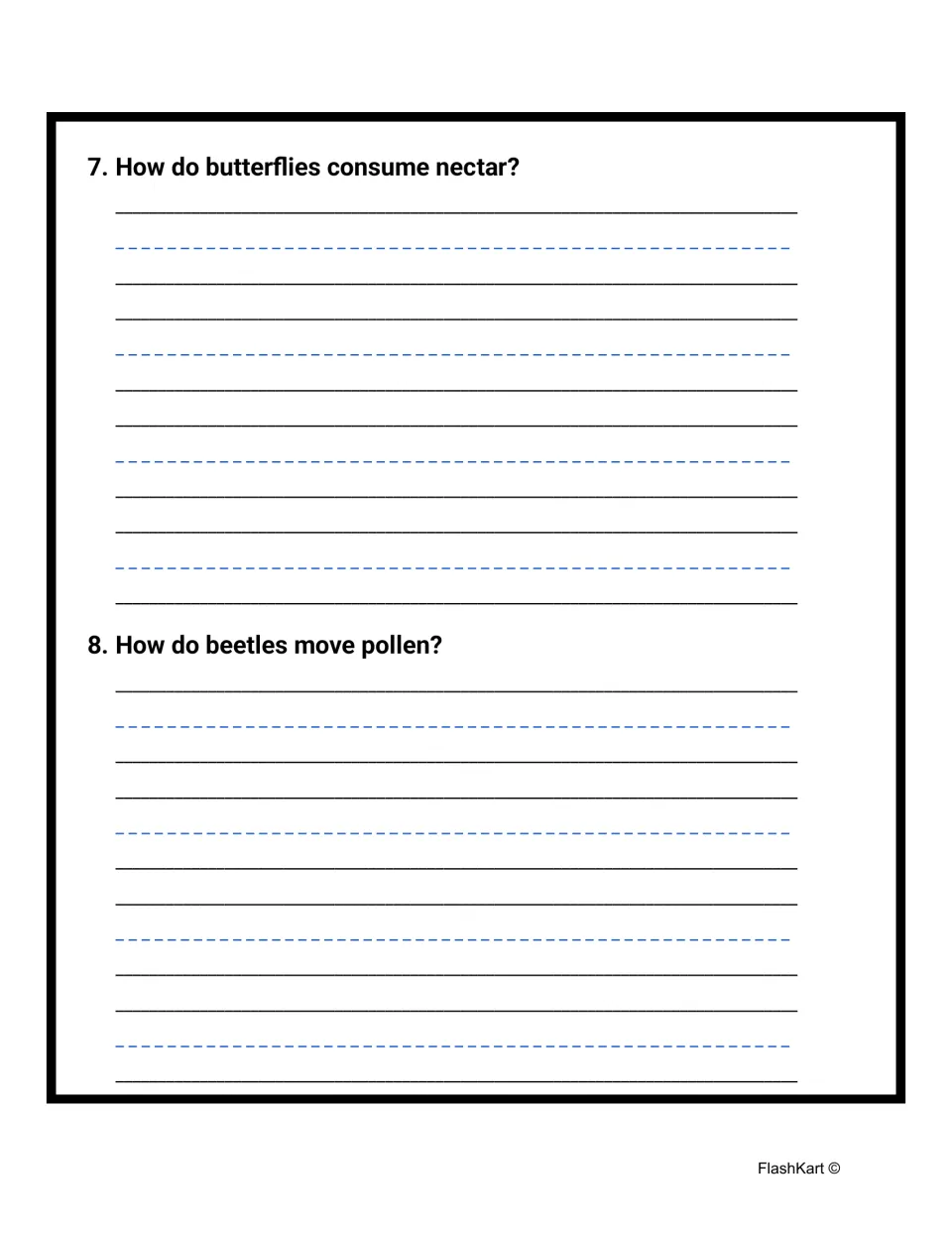 Pollinator questions 7-8: students write answers on how butterflies consume nectar and how beetles move pollen