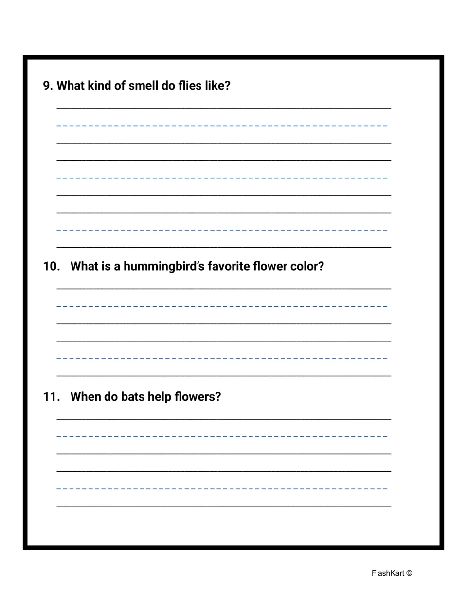 Pollinator questions 9-11: students write what smell flies like, a hummingbird's favorite flower color and when bats help