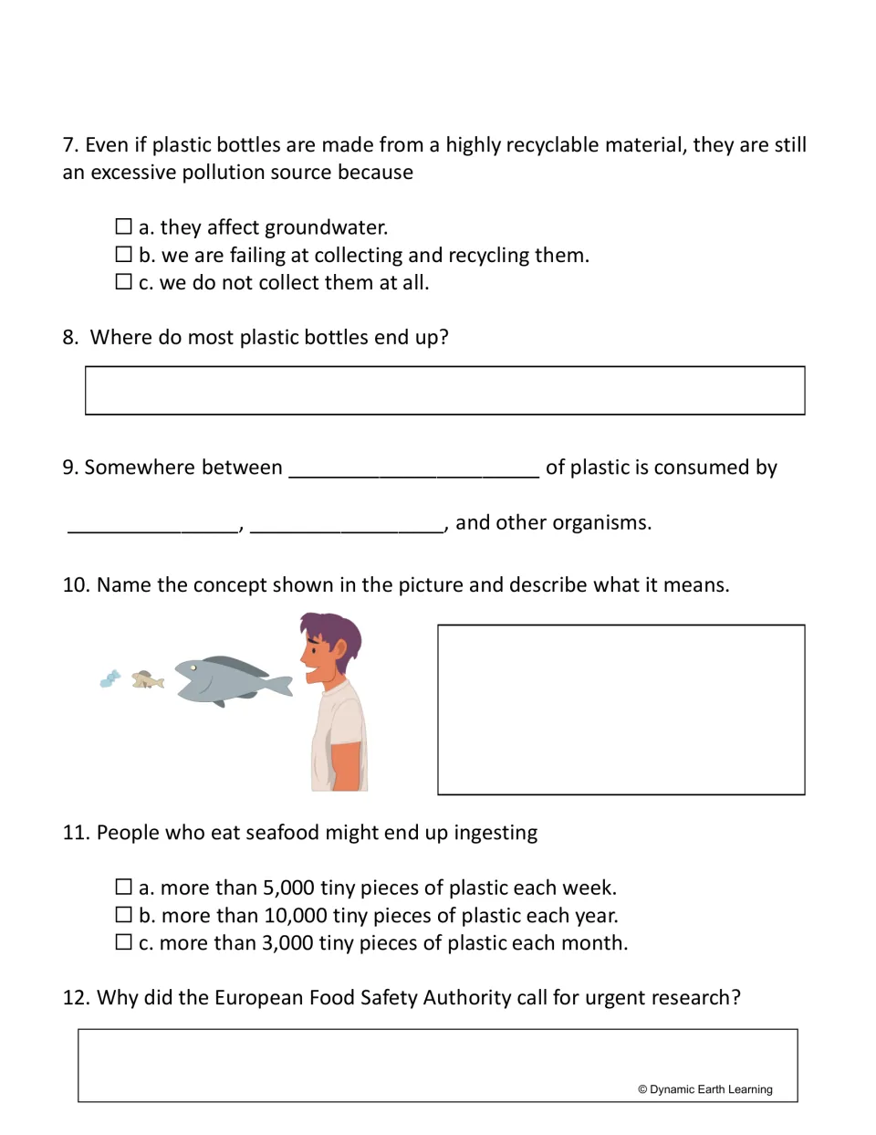 Plastic in the food chain, Q7-12: students answer on recycling, a fish-to-human picture, seafood and EFSA research