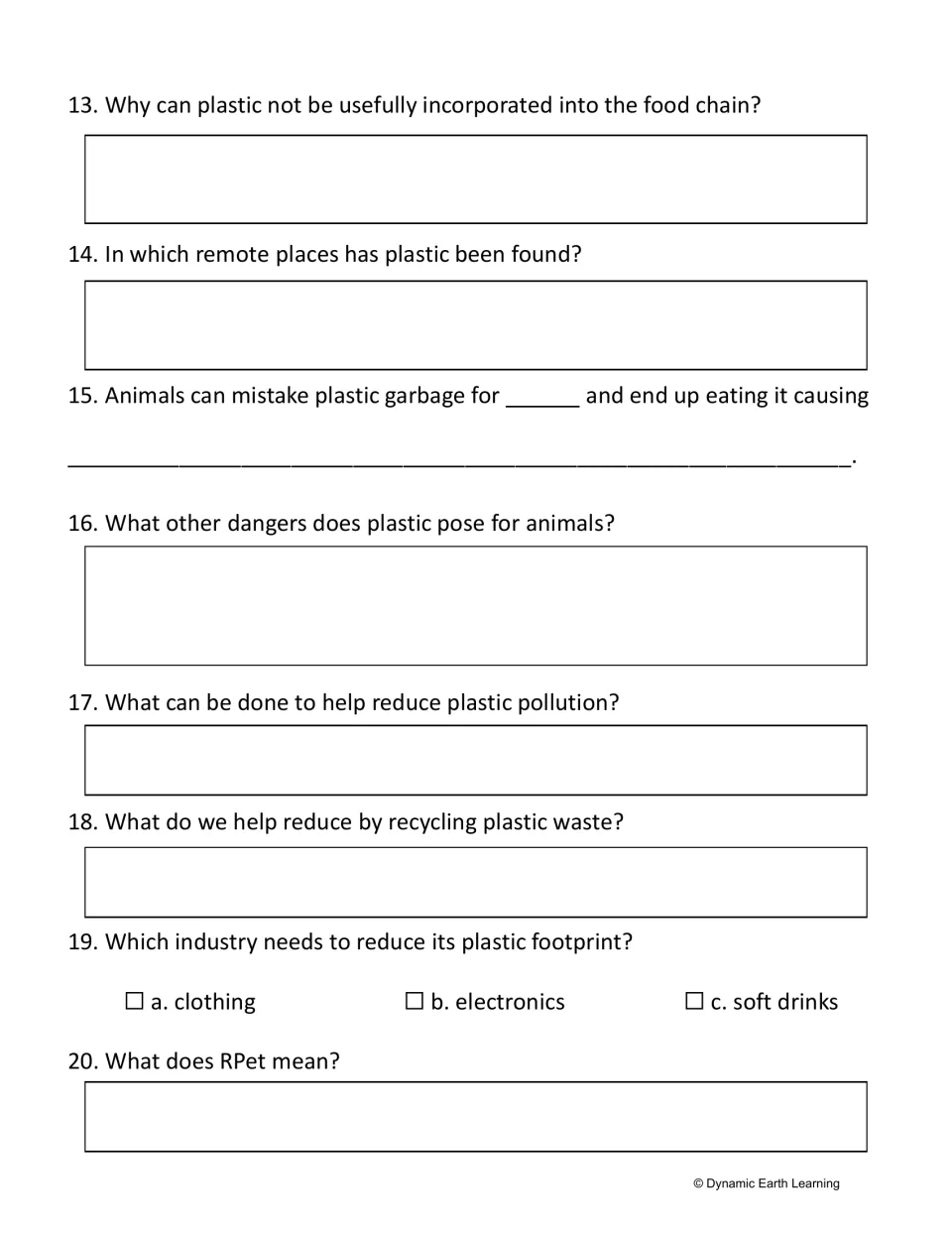 Plastic dangers to wildlife, questions 13-20: students explain food chain harm, remote plastic finds, recycling and RPet