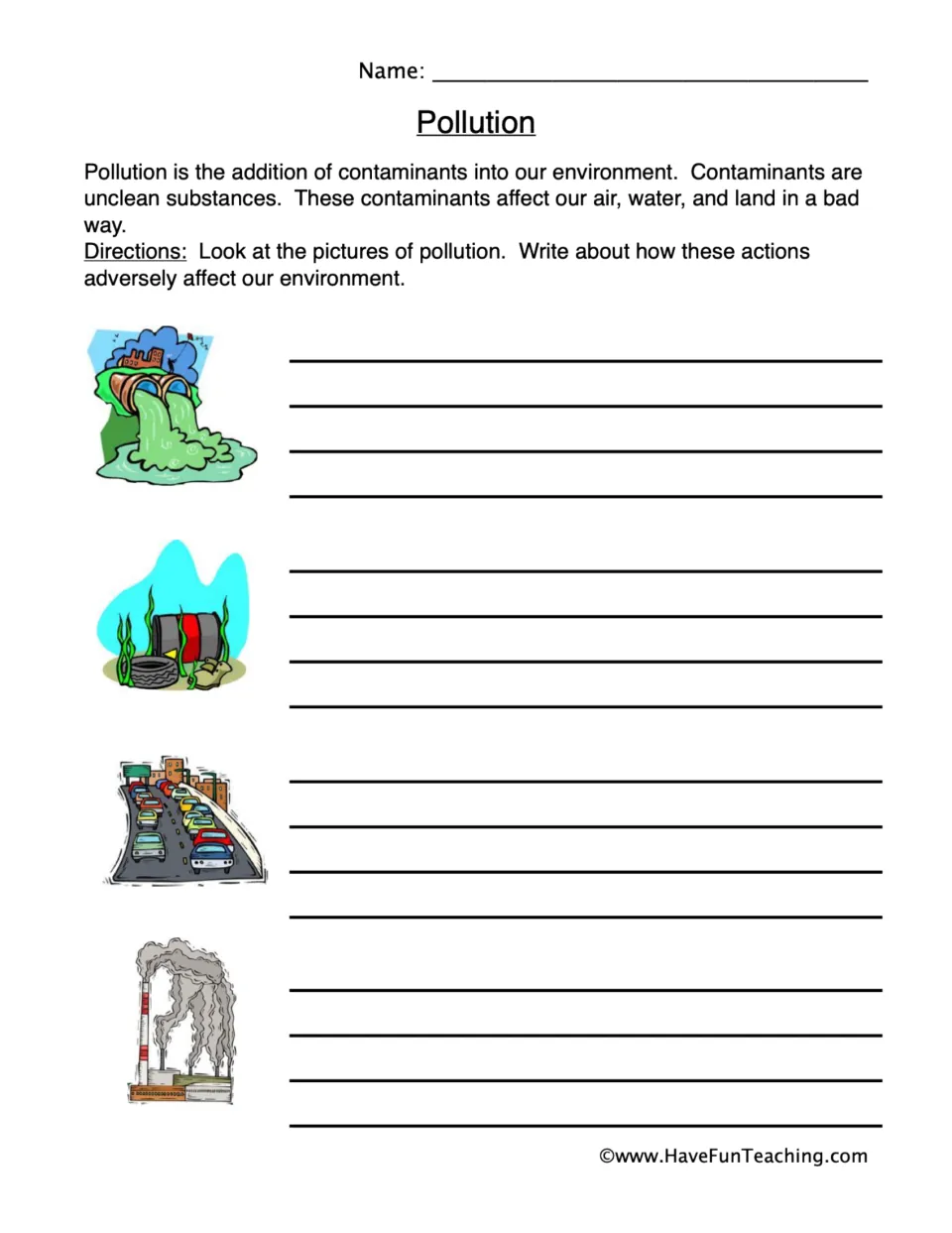 Pollution: students write how waste pipes, underwater trash, traffic and factory smoke harm air, water and land
