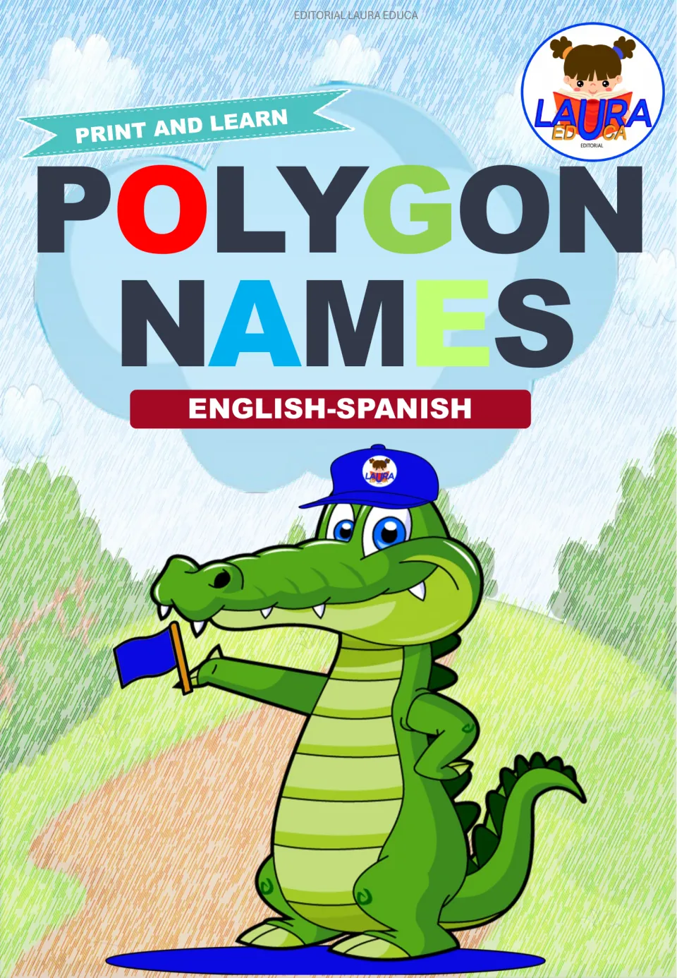 Polygon Names cover in English and Spanish, marked Print and Learn, with a cartoon crocodile in a cap holding a flag