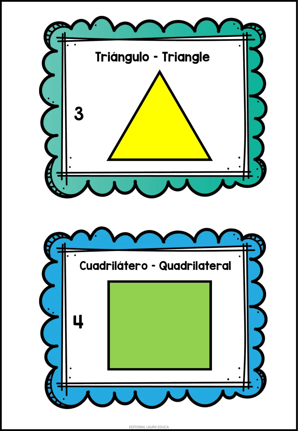 Bilingual polygon cards: Triángulo – Triangle marked 3 and Cuadrilátero – Quadrilateral marked 4, each with its shape
