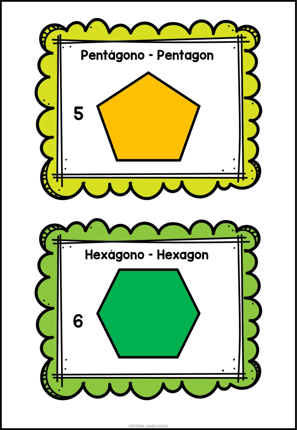 Pentágono – Pentagon labels an orange 5-sided figure, while Hexágono – Hexagon sits above a green 6-sided one