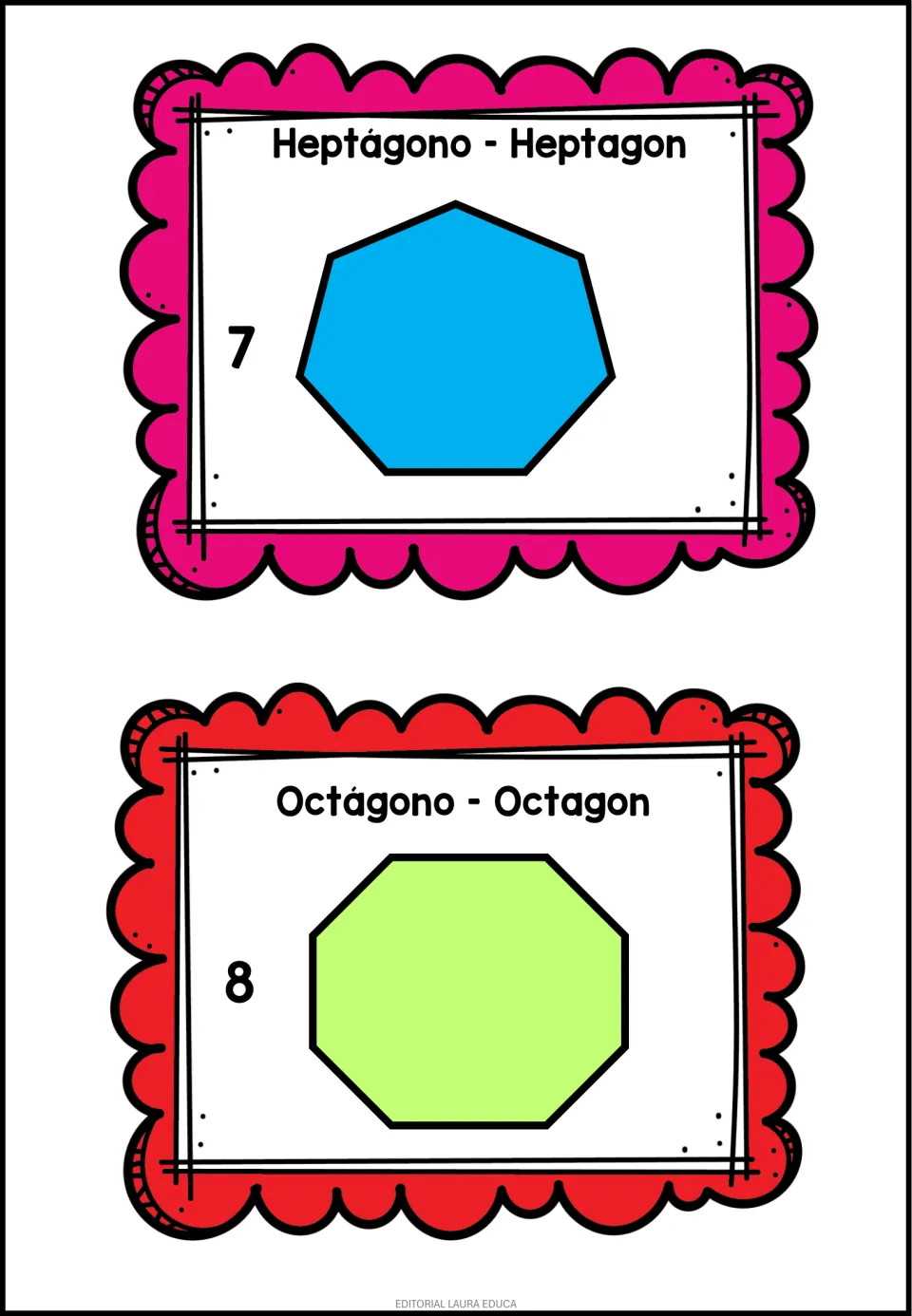 Heptágono – Heptagon (7) and Octágono – Octagon (8) cards showing each shape with its Spanish and English name