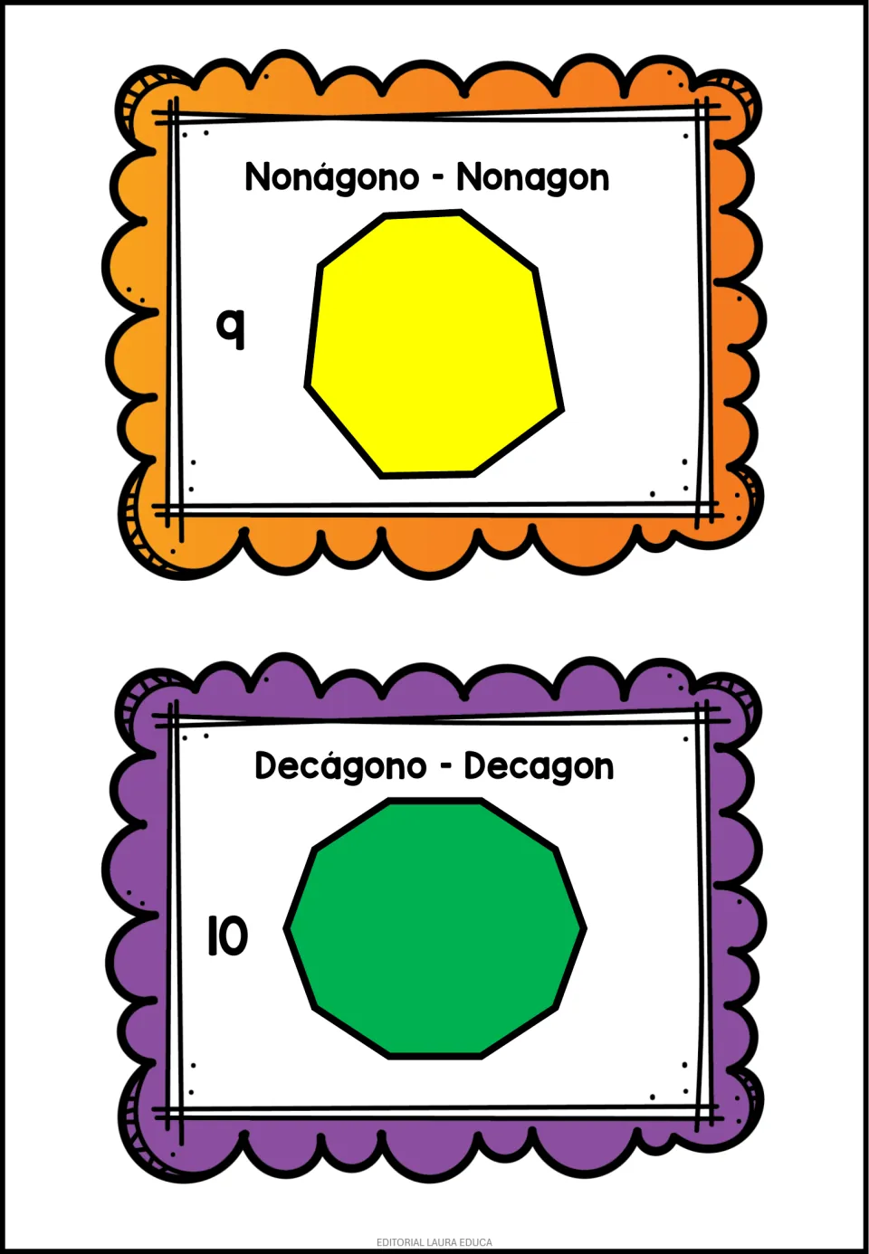 Nonágono – Nonagon card numbered 9 and Decágono – Decagon card numbered 10, each showing the polygon and its names