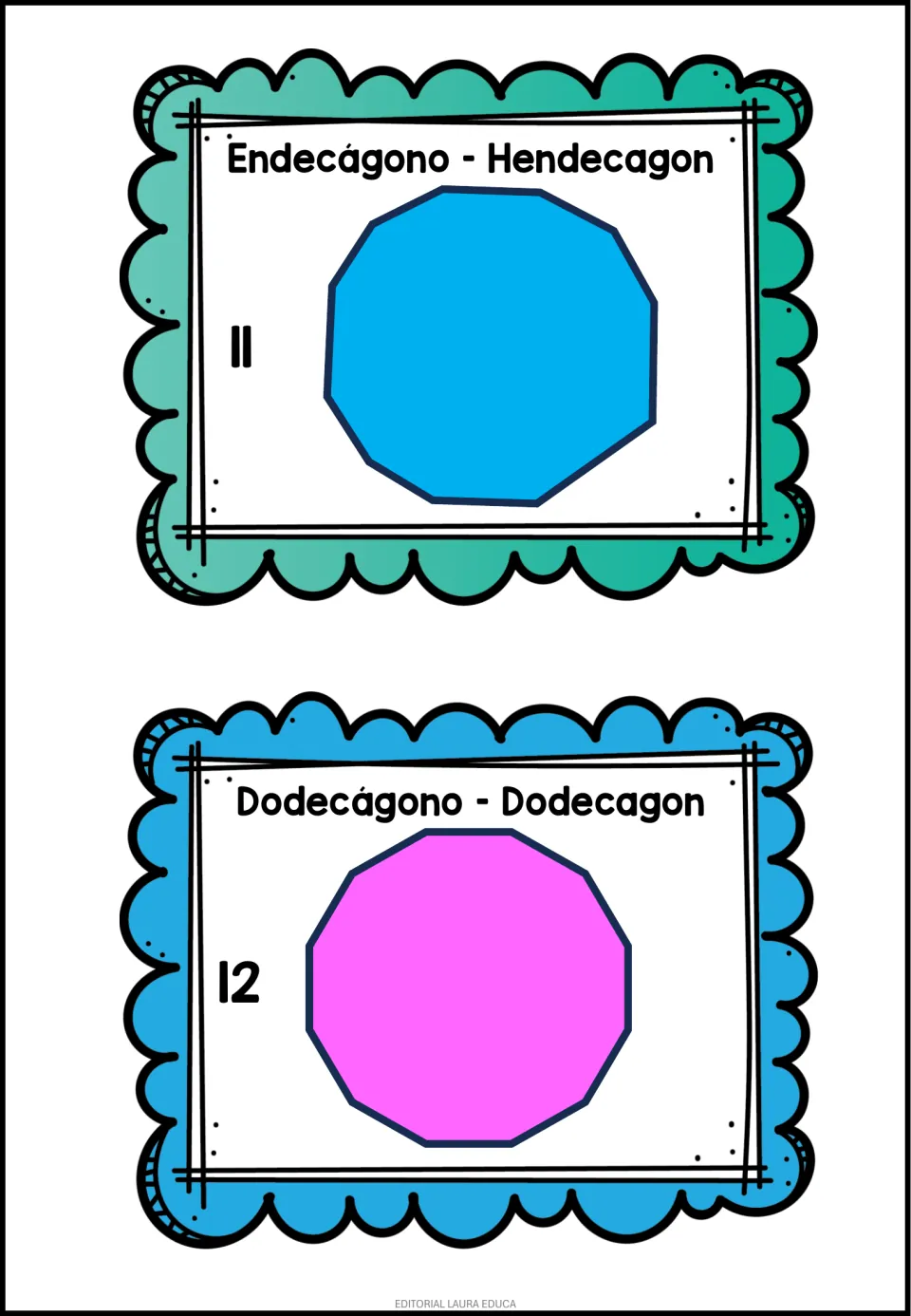 Endecágono – Hendecagon (11) and Dodecágono – Dodecagon (12) cards, each giving side count and Spanish-English name