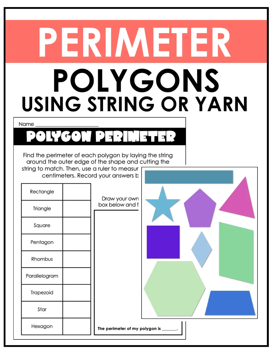 Perimeter of polygons using string or yarn: cover shows the recording sheet and a page of nine coloured shapes to measure