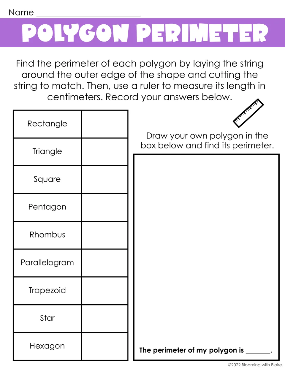 Measuring perimeter with string: students cut string to fit 9 polygons, measure in cm, record it and draw their own shape