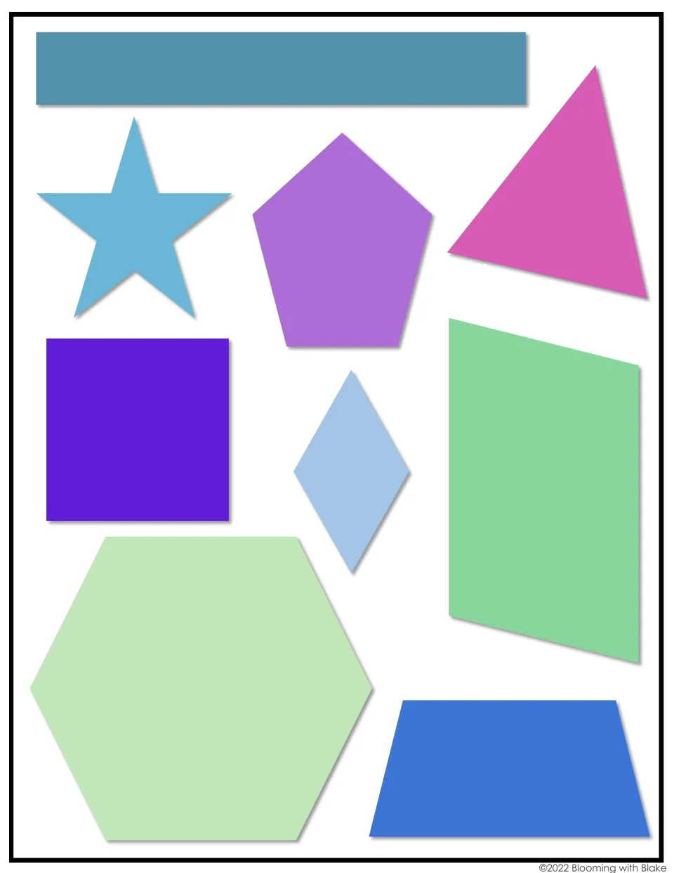 Colour shapes to trace with string: rectangle, star, pentagon, triangle, square, rhombus, parallelogram, hexagon, trapezoid