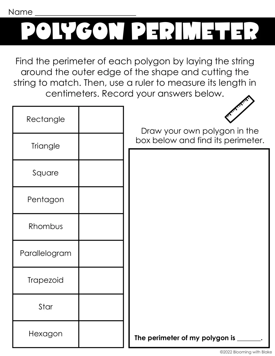 Black-and-white perimeter recording sheet: record the string length in cm for each polygon, then draw one to measure