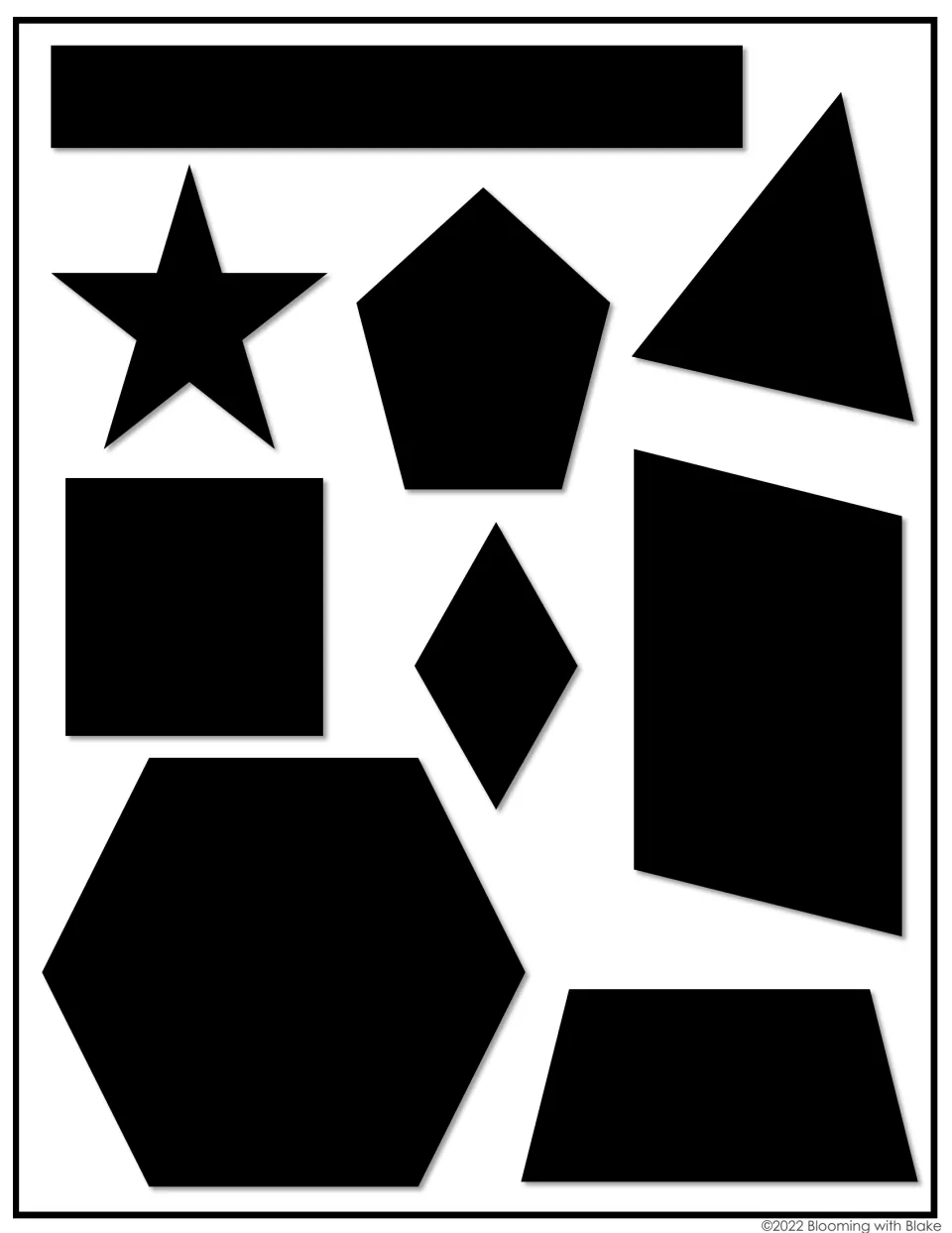 Solid black copies of the nine polygons, from a long rectangle to a hexagon and trapezoid, to measure with string