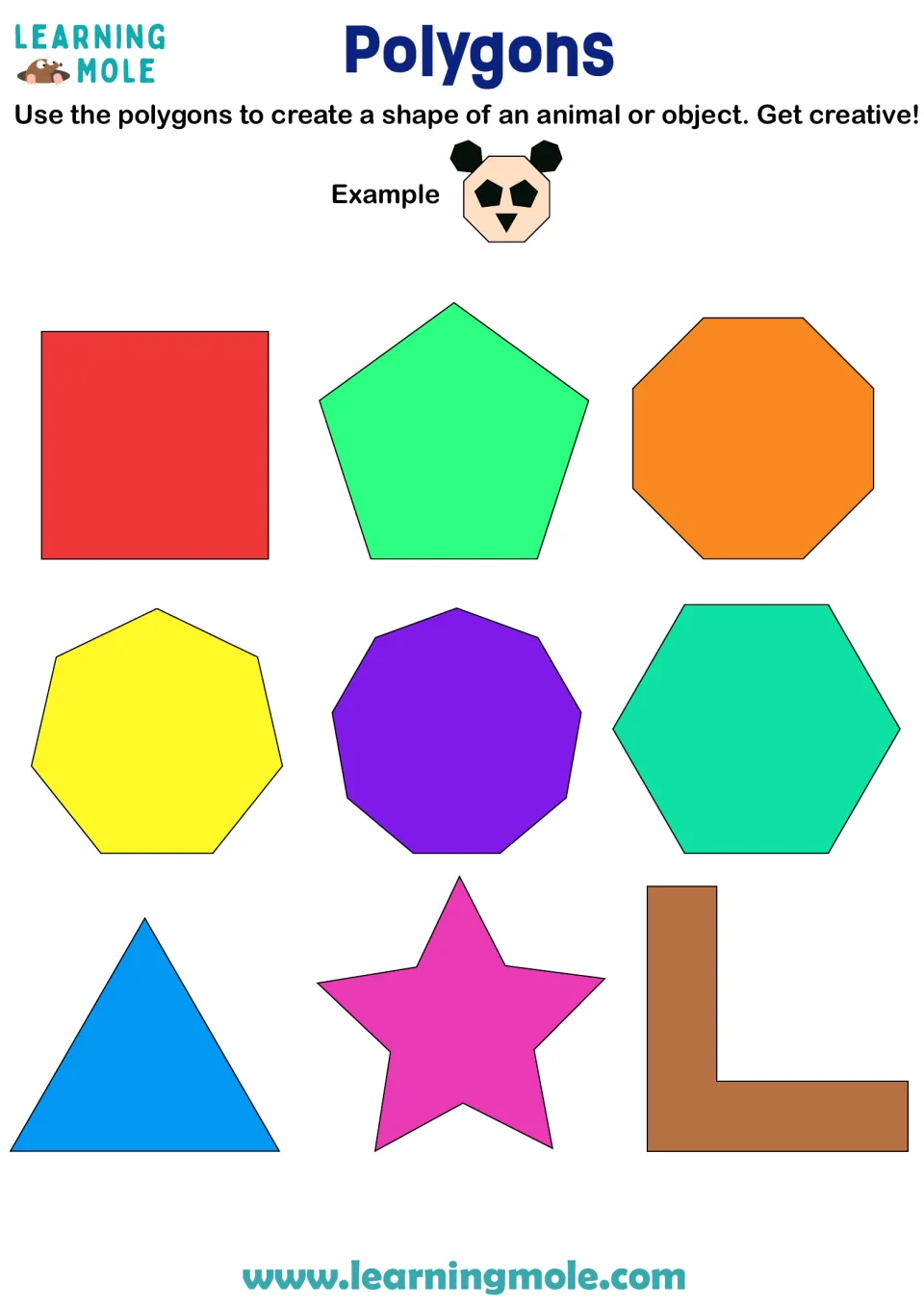 Polygon art: students combine a square, triangle, pentagon, hexagon, octagon, star and L-shape to build an animal or object