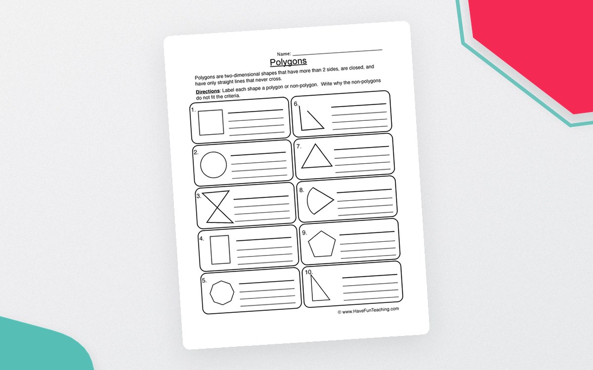 Polygons worksheet with eight outlined shapes and description lines