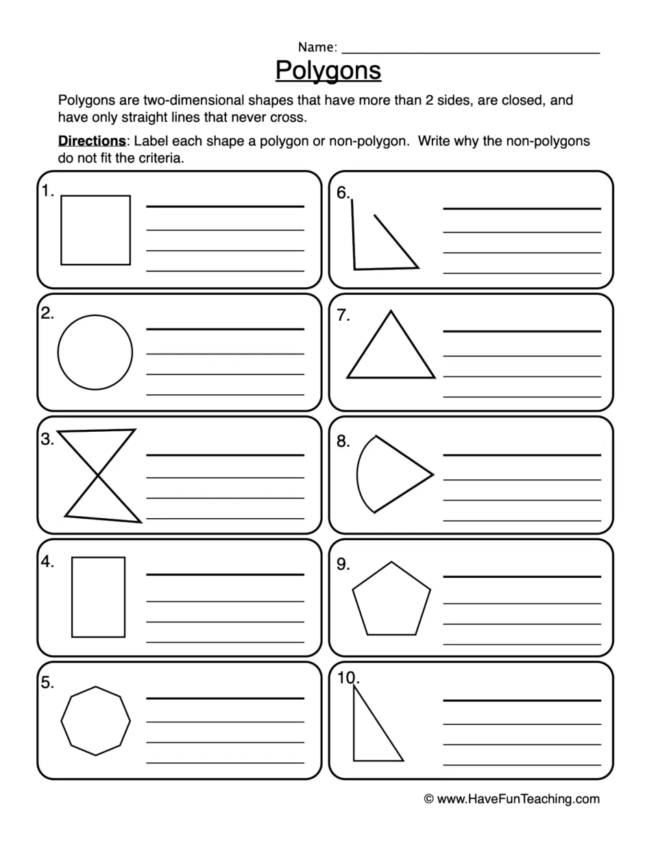 Polygons: students label 10 shapes, including a circle and an open triangle, as polygon or non-polygon and explain why