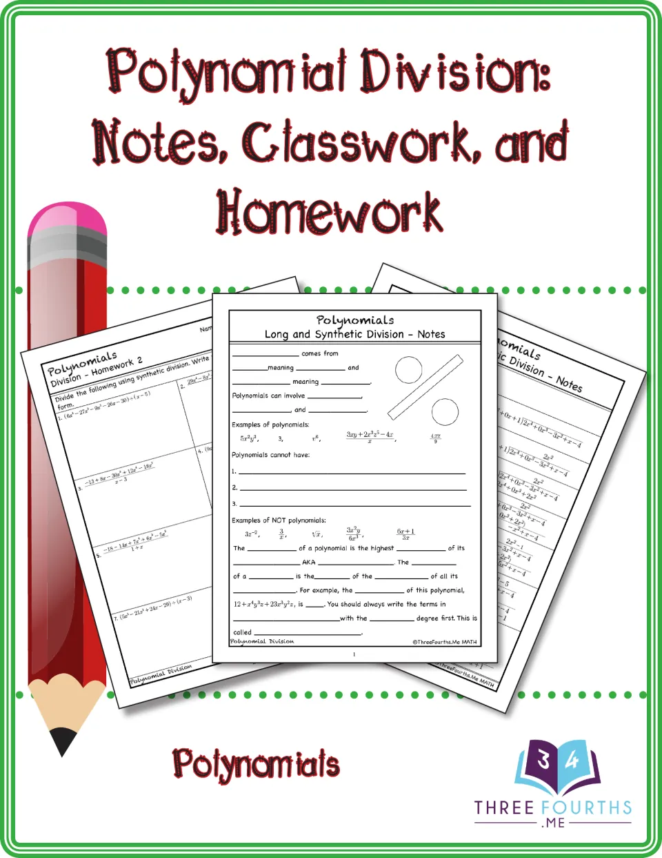 Cover of Polynomial Division: Notes, Classwork, and Homework, showing sample notes and homework pages