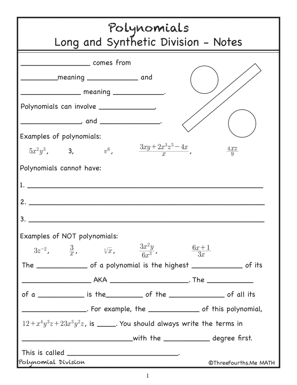 Introductory polynomial notes cover definitions, examples, nonexamples, degree, and standard form