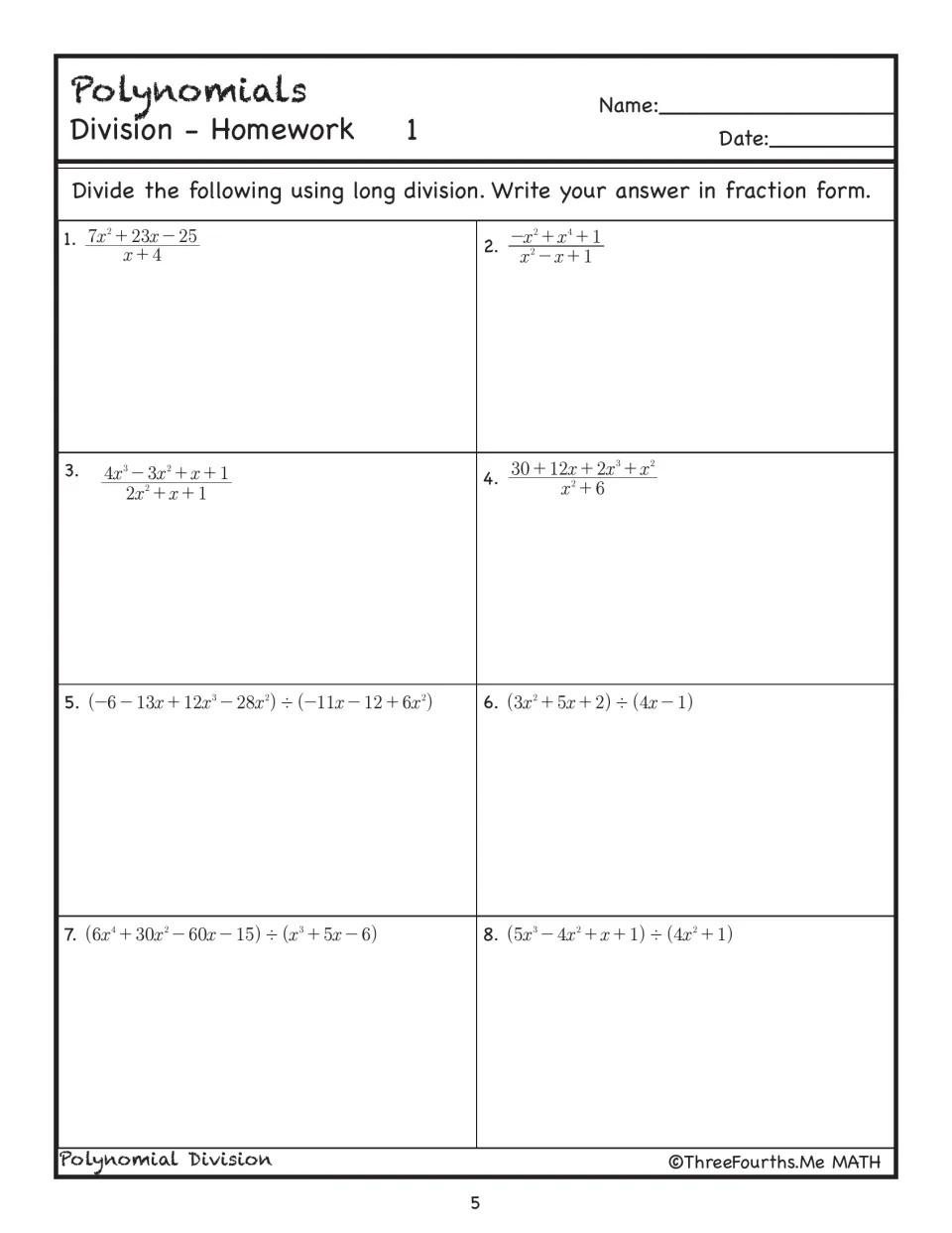Polynomial Division Homework 1 gives eight long division problems requiring answers in fraction form