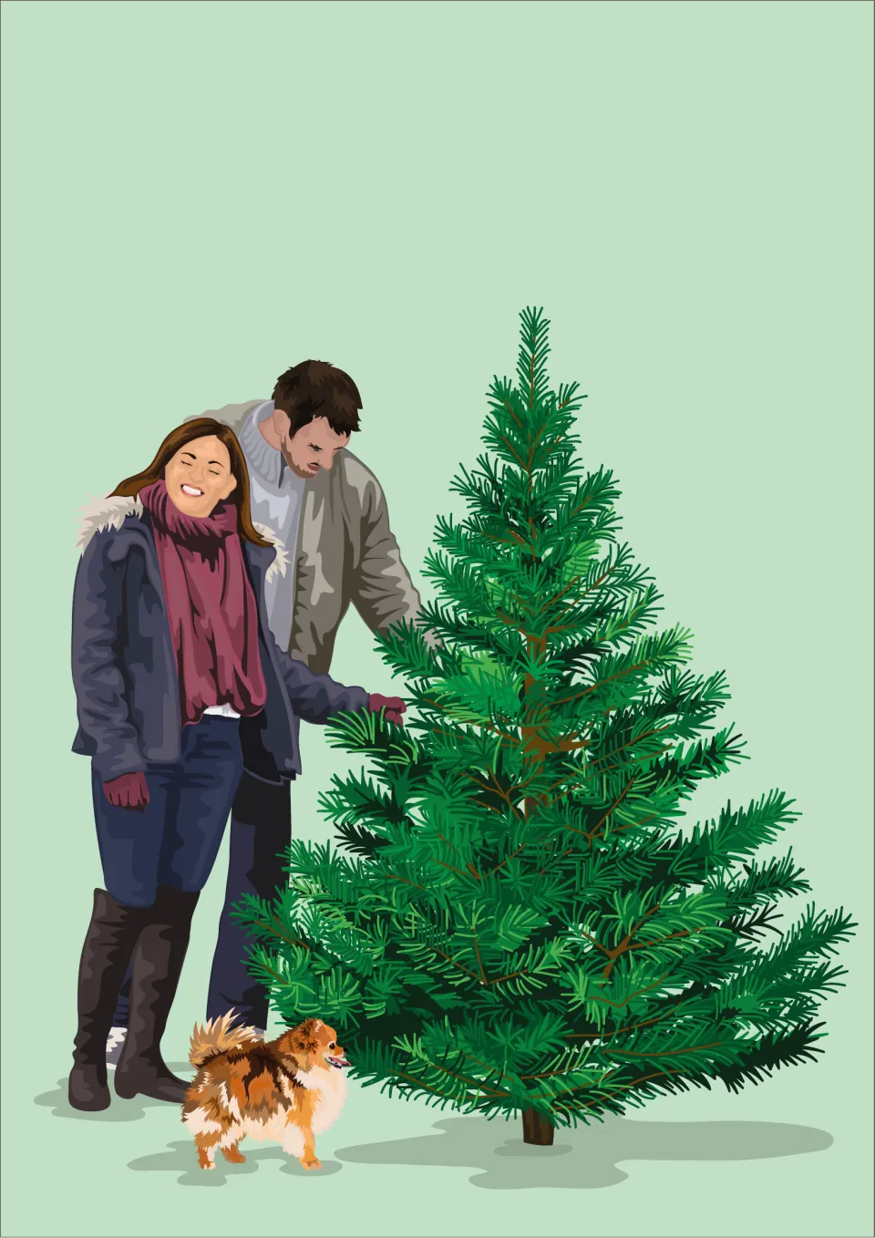 Story illustration: a smiling couple in winter coats choosing a Christmas tree, with Pom Pom at their feet