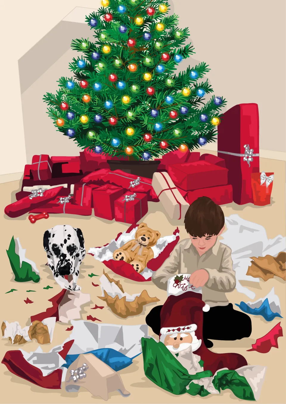 Christmas morning scene: a boy opens a stocking by a lit tree as a Dalmatian roams among torn wrapping paper and gifts