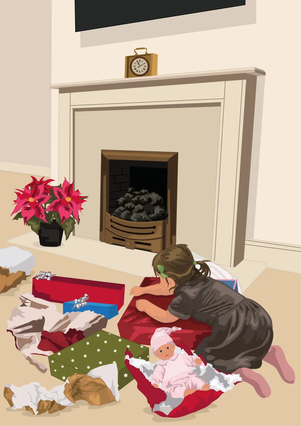 Fireside scene: a girl unwraps a red present beside a poinsettia, with a baby doll and torn paper on the floor nearby