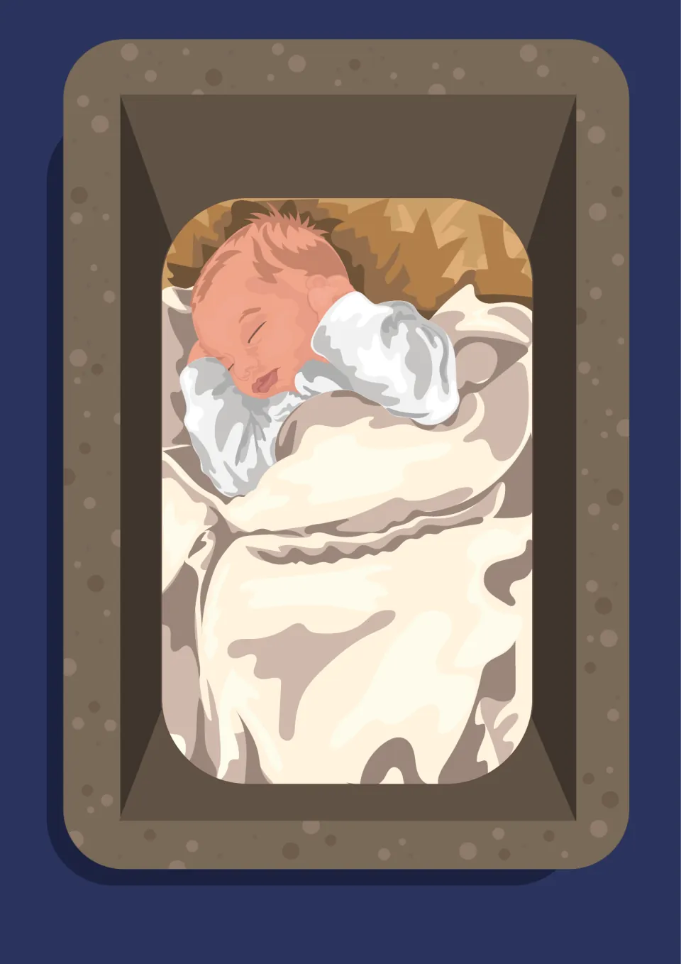 Nativity illustration: a newborn baby sleeps wrapped in a cream blanket on straw in a wooden manger