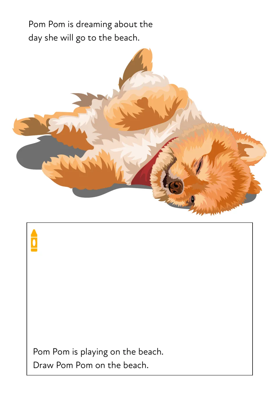 Pom Pom the dog dreams of the beach: students draw her playing on the sand below a picture of the sleeping puppy