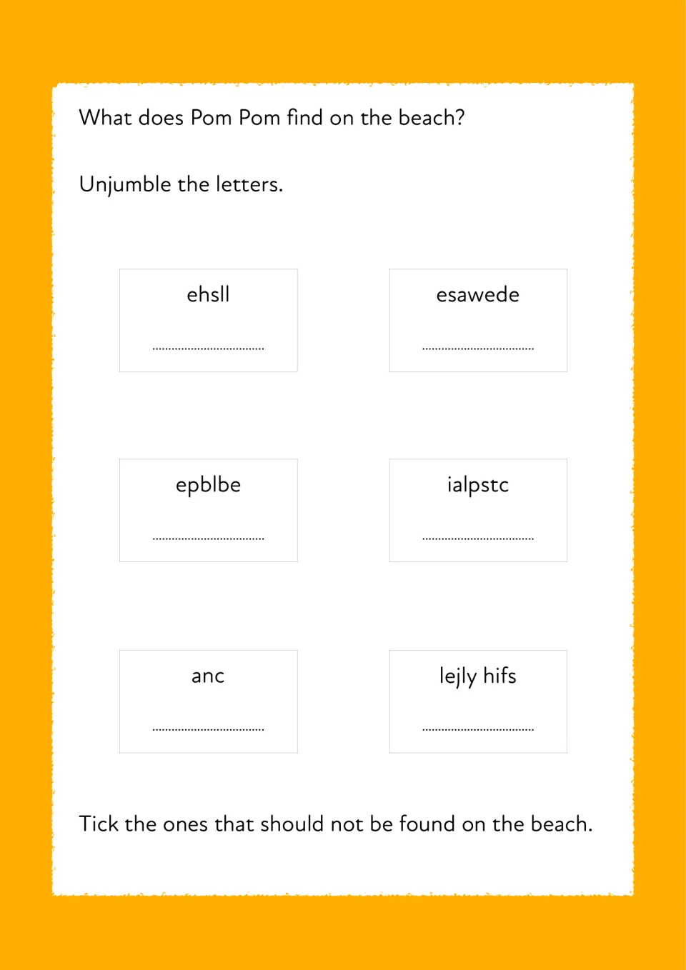 Beach finds word scramble: students unjumble shell, seaweed, pebble, plastic, can and jelly fish, then tick litter items