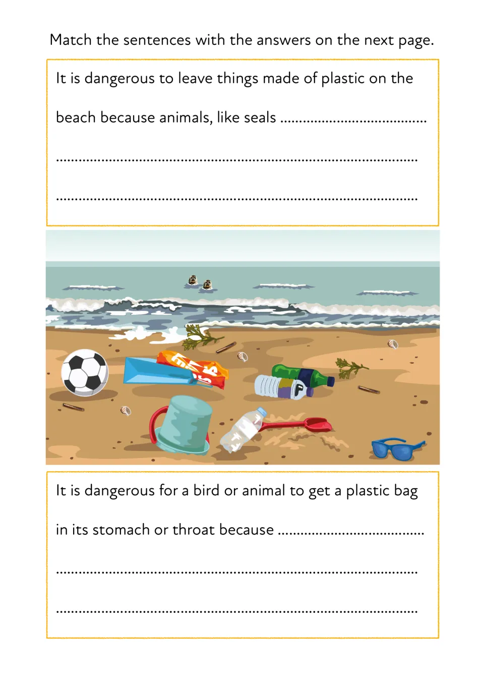 Plastic pollution sentence matching: students finish why plastic harms seals and birds, with a litter-strewn beach scene