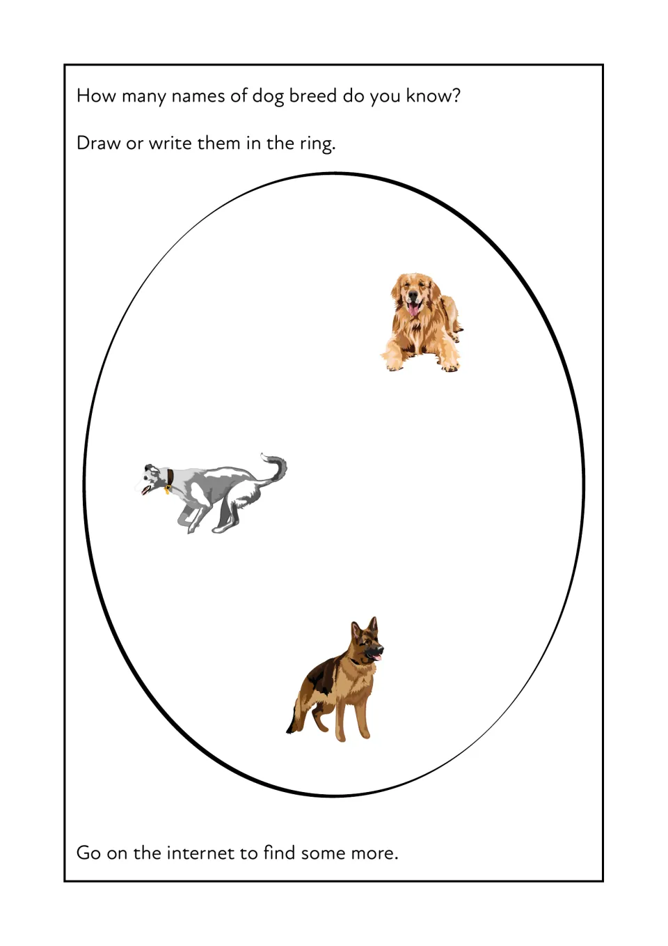 Dog breeds: students draw or write the dog breed names they know inside a show ring, then look online to find more