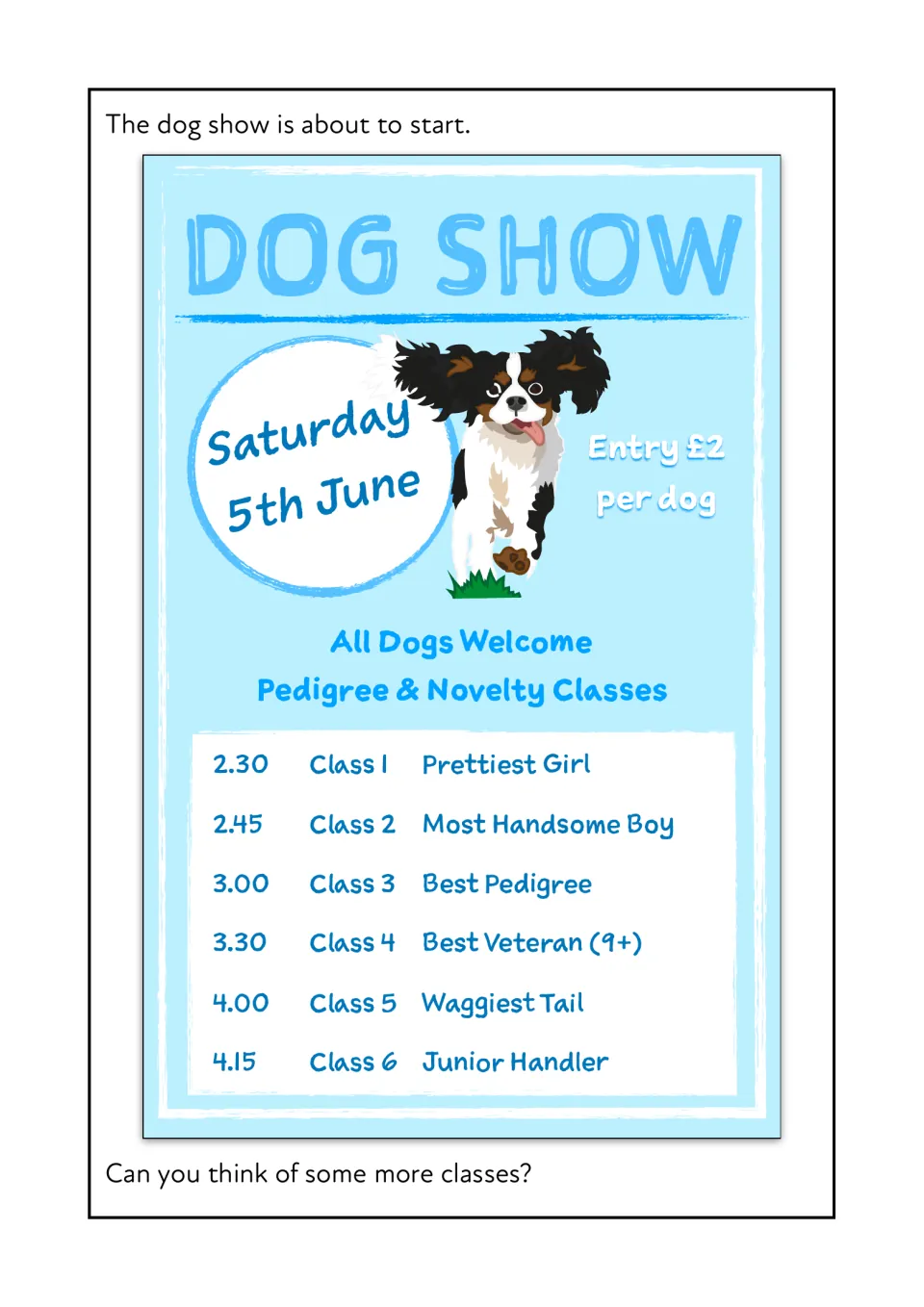 Dog show poster listing six classes from Prettiest Girl to Junior Handler; students invent more show classes of their own