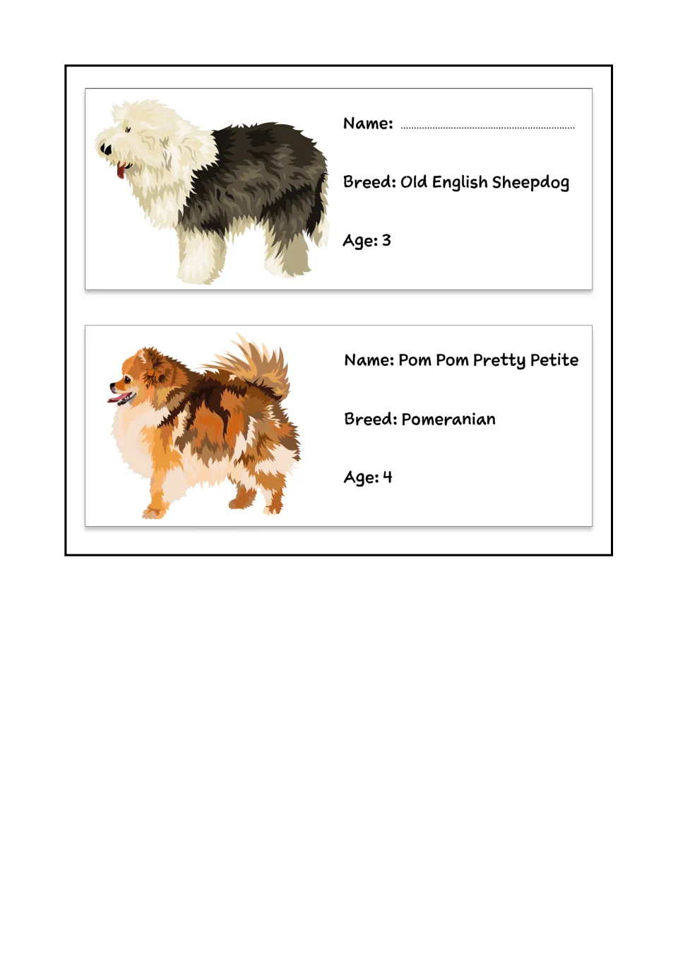More show entrants: students name the Old English Sheepdog, with Pom Pom Pretty Petite the Pomeranian as a model entry card