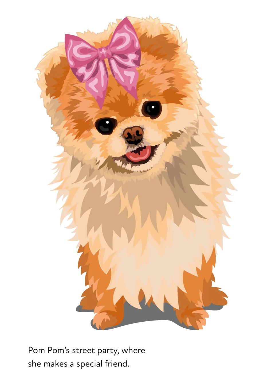 Story opener: a Pomeranian named Pom Pom in a pink bow, introducing her street party where she makes a special friend