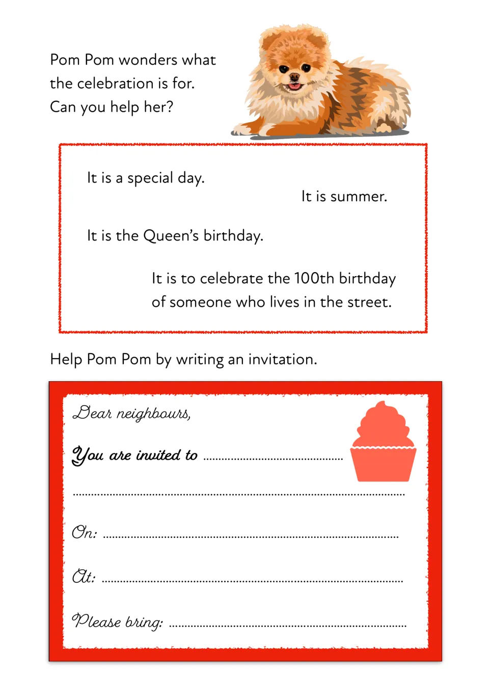 Street party invitation: students consider reasons for the celebration, then write who, when, where and what to bring
