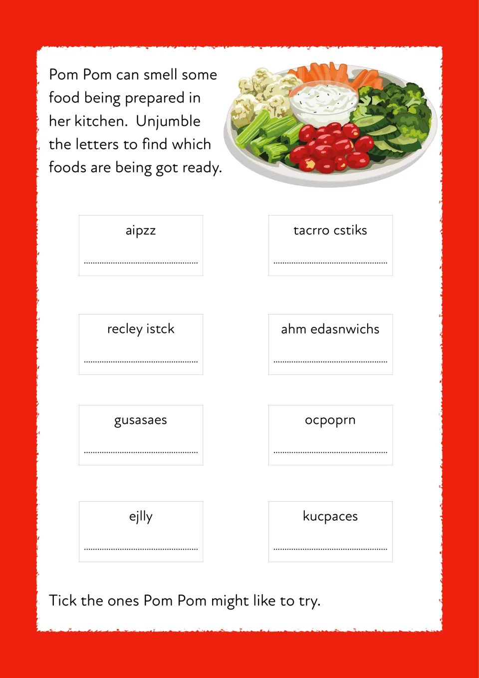 Party food spelling: students unjumble 8 food words (aipzz, ejlly, kucpaces), then tick ones Pom Pom might like