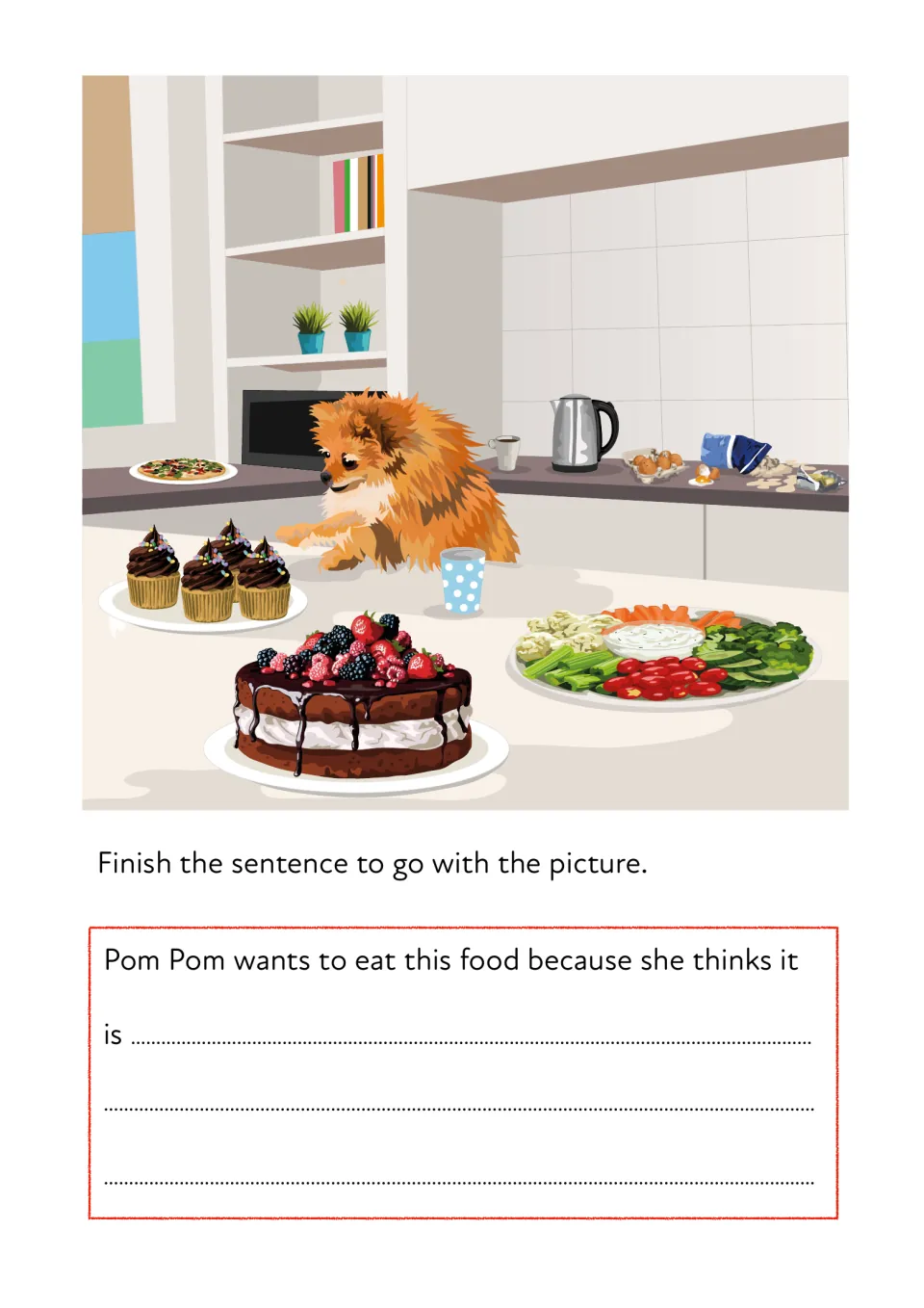 Pom Pom eyes party food in the kitchen: students finish the sentence explaining why she wants to eat it