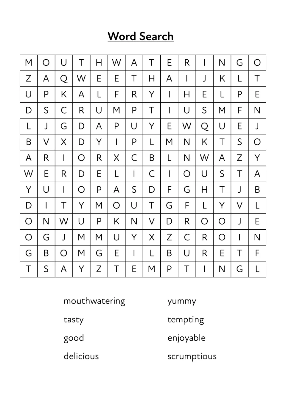 Word search of food adjectives: students find 8 words like mouthwatering, yummy, tempting, delicious and scrumptious
