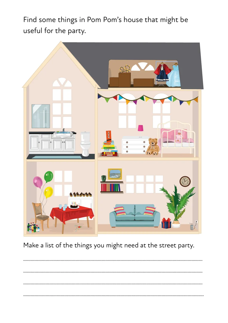 Party preparations: students spot useful items like balloons and board games in Pom Pom's house, then write a list
