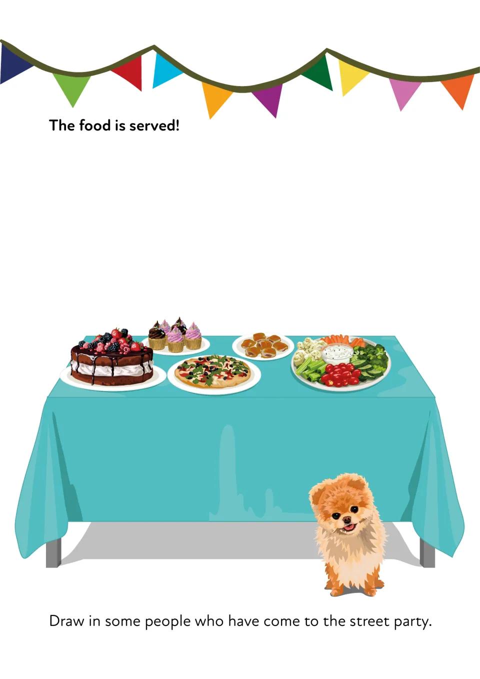 The food is served! A table of cake, pizza and cupcakes sits under bunting; students draw guests who have come