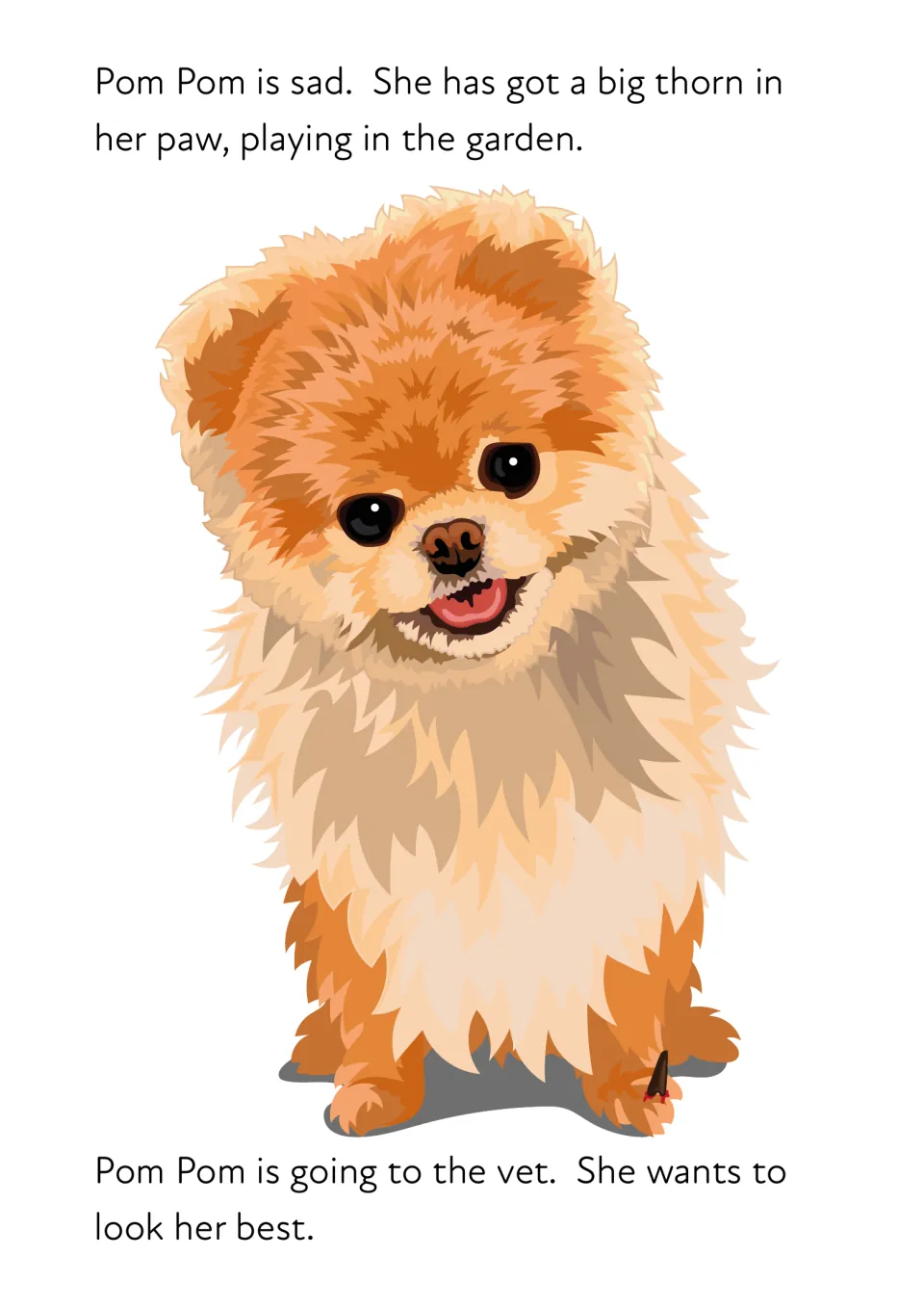 Story opener: Pom Pom, a fluffy Pomeranian with a thorn in her paw, is sad and going to the vet and wants to look her best