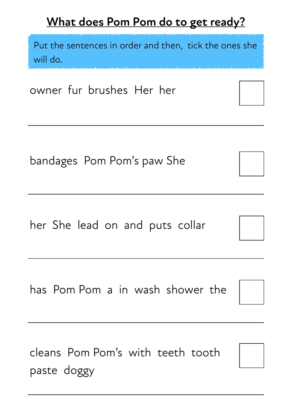 Getting ready for the vet: students unscramble five jumbled grooming sentences, then tick the ones Pom Pom will do
