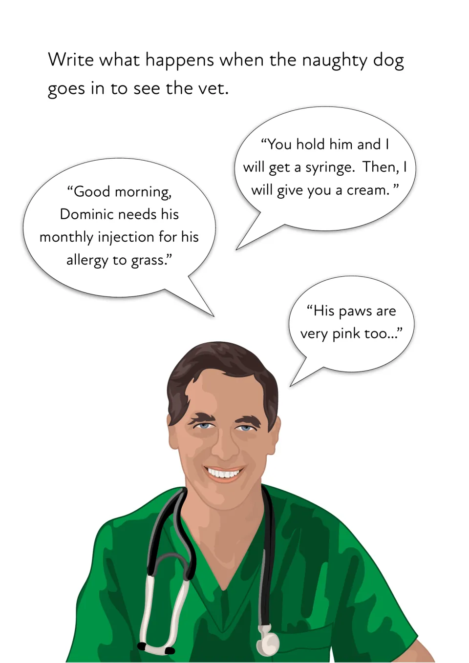The naughty dog sees the vet: speech bubbles about Dominic's allergy injection prompt students to write what happens