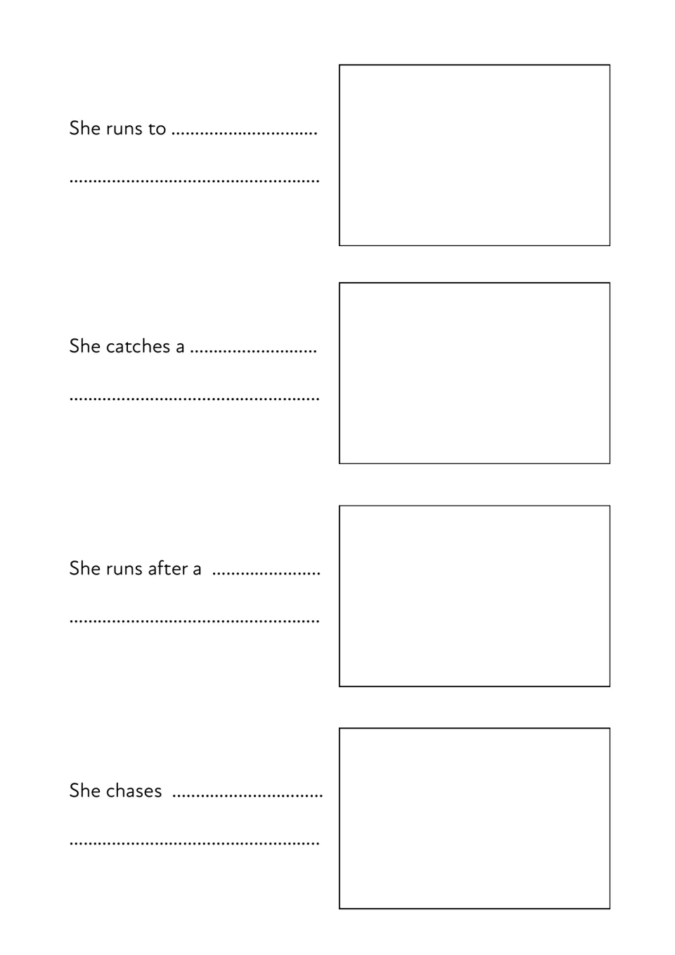 More walk actions: students complete 'She runs to', 'She catches a', 'She runs after a' and 'She chases', then draw each