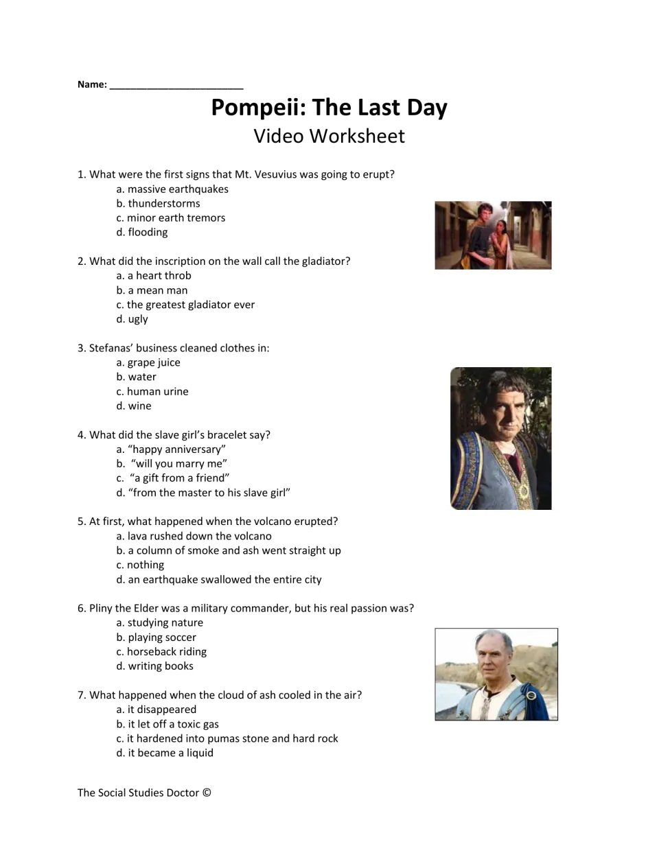 Vesuvius eruption video questions 1-7: multiple choice on early tremors, a gladiator inscription and Pliny the Elder