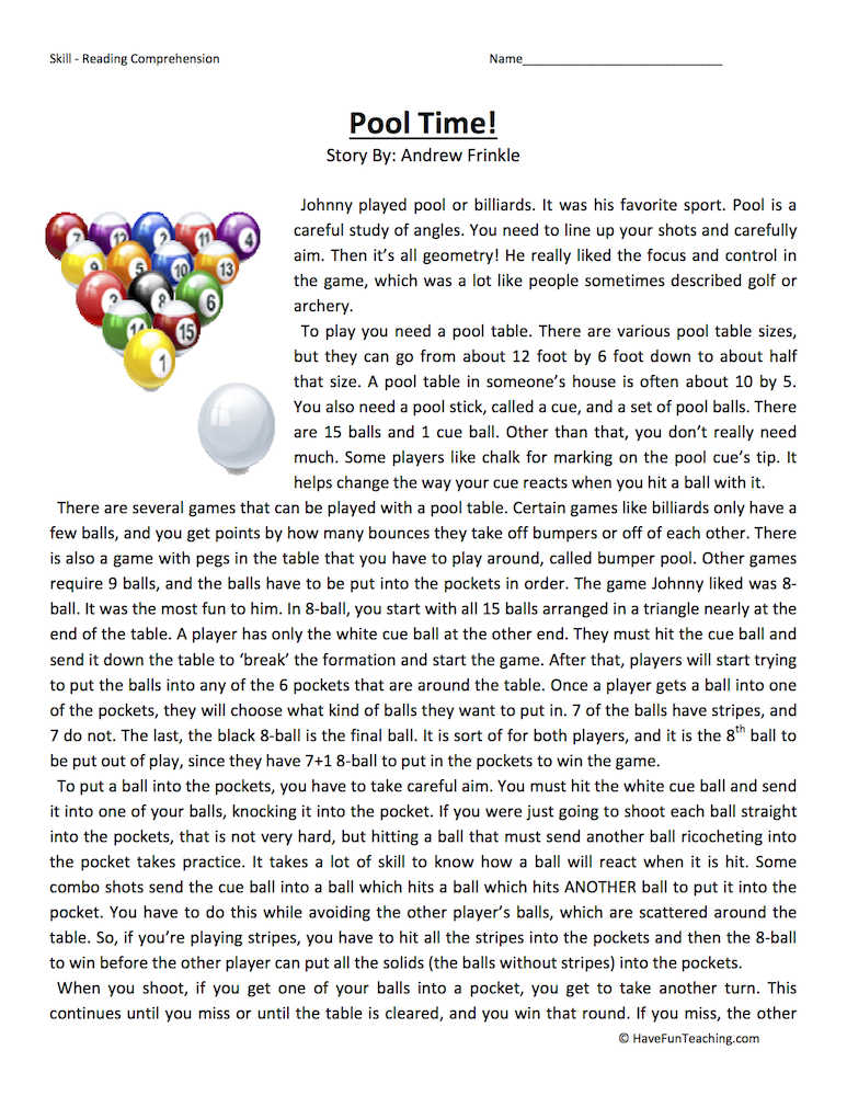 Pool Time Reading Comprehension Worksheet teaching resource preview
