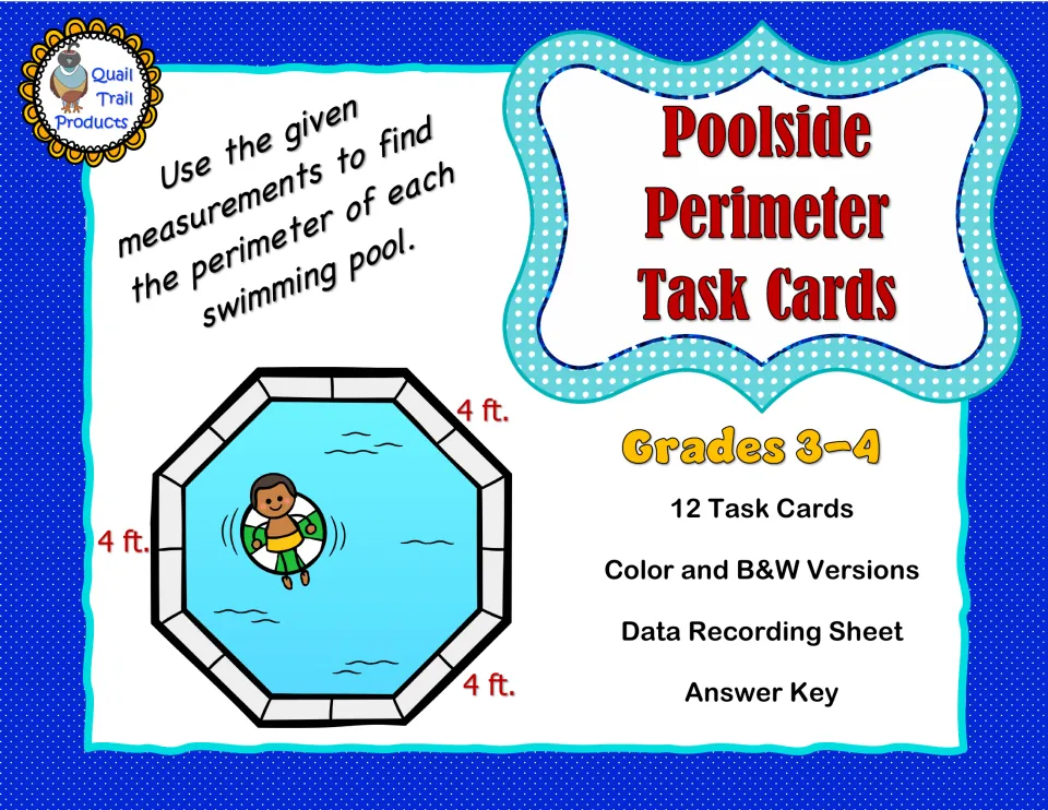 Poolside Perimeter Task Cards cover lists grades 3–4, 12 cards, color and B&W versions, and an answer key