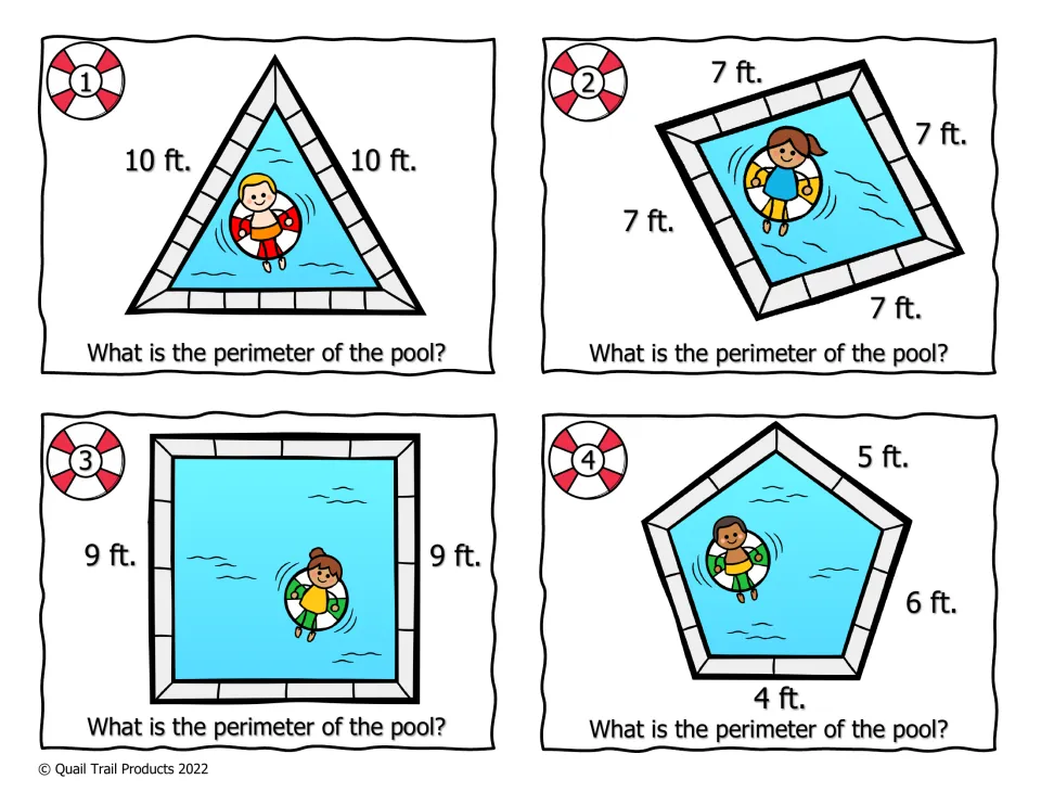 Color perimeter cards 1–4 show triangle, rhombus, square, and pentagon pools with measurements in feet