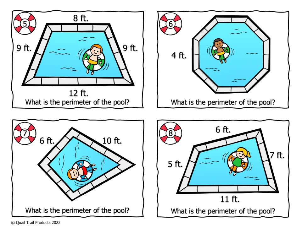 Color perimeter cards 5–8 show trapezoid, octagon, kite, and quadrilateral pools with lengths in feet