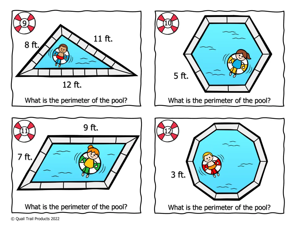 Color perimeter cards 9–12 show triangle, hexagon, parallelogram, and decagon pools measured in feet