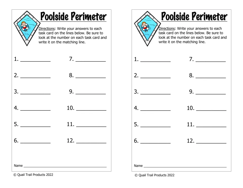 Color recording sheet for perimeter cards 1–12, printed twice, directs students to match answers to card numbers
